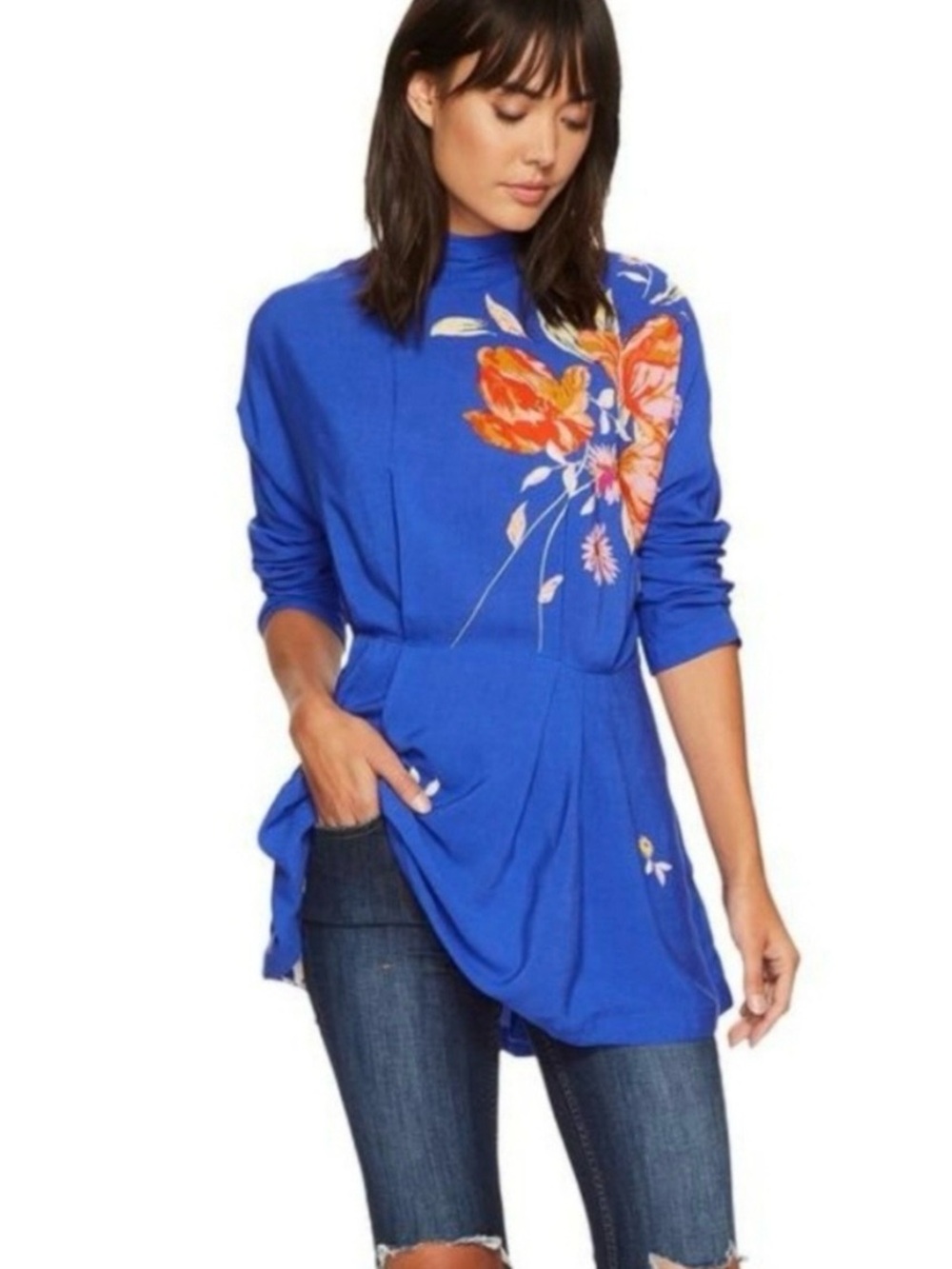 Free People Cobalt Blue Mock Neck Tunic with Orange Floral Accents